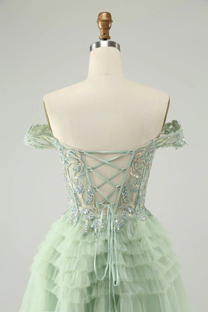 omberprom Homecoming Dress A Line Off The Shoulder Corset Tulle with Sequins Sparkly Light Green