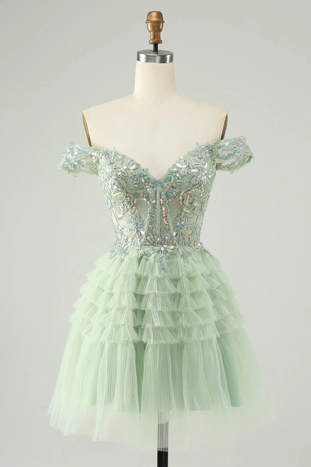 omberprom Homecoming Dress A Line Off The Shoulder Corset Tulle with Sequins Sparkly Light Green