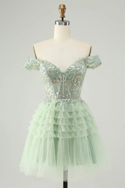 omberprom Homecoming Dress A Line Off The Shoulder Corset Tulle with Sequins Sparkly Light Green