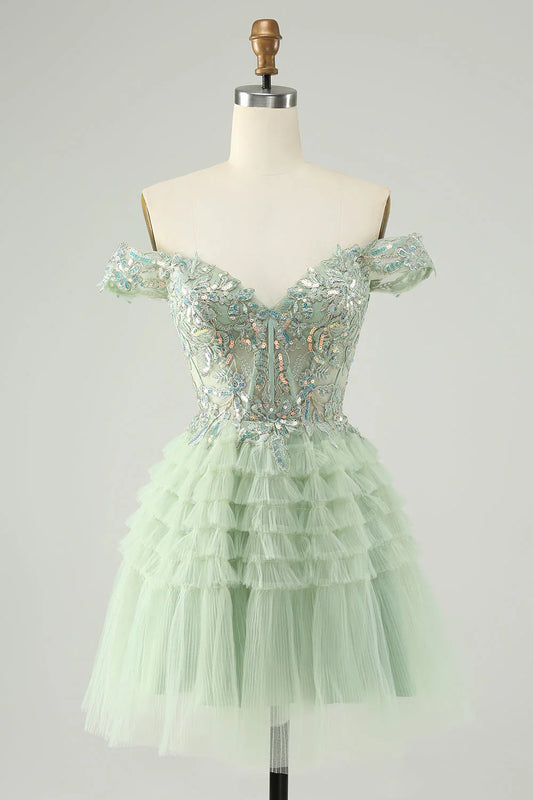 omberprom Homecoming Dress A Line Off The Shoulder Corset Tulle with Sequins Sparkly Light Green