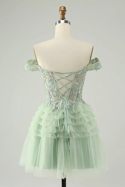 omberprom Homecoming Dress A Line Off The Shoulder Corset Tulle with Sequins Sparkly Light Green