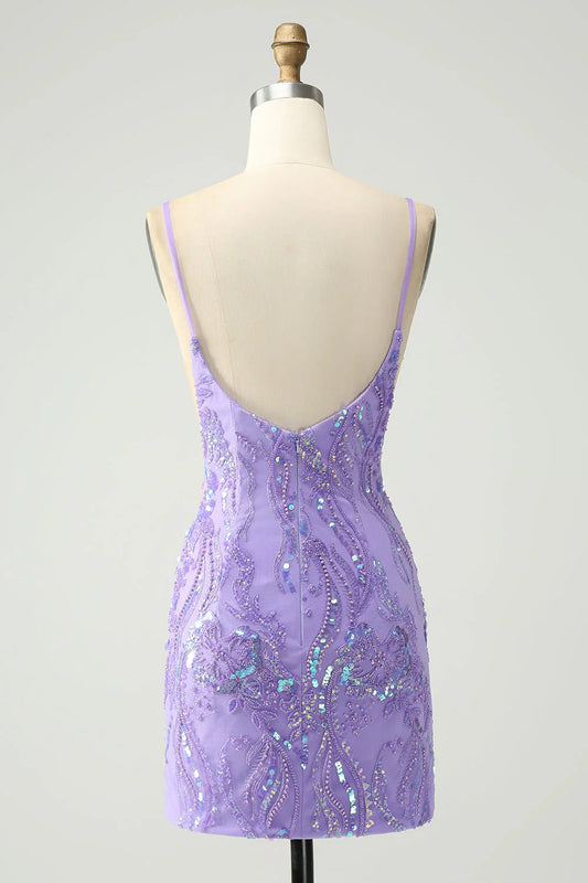 Short Homecoming Dress Sparkly Tight Spaghetti Straps with Sequins Purple
