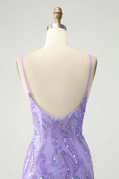 Short Homecoming Dress Sparkly Tight Spaghetti Straps with Sequins Purple