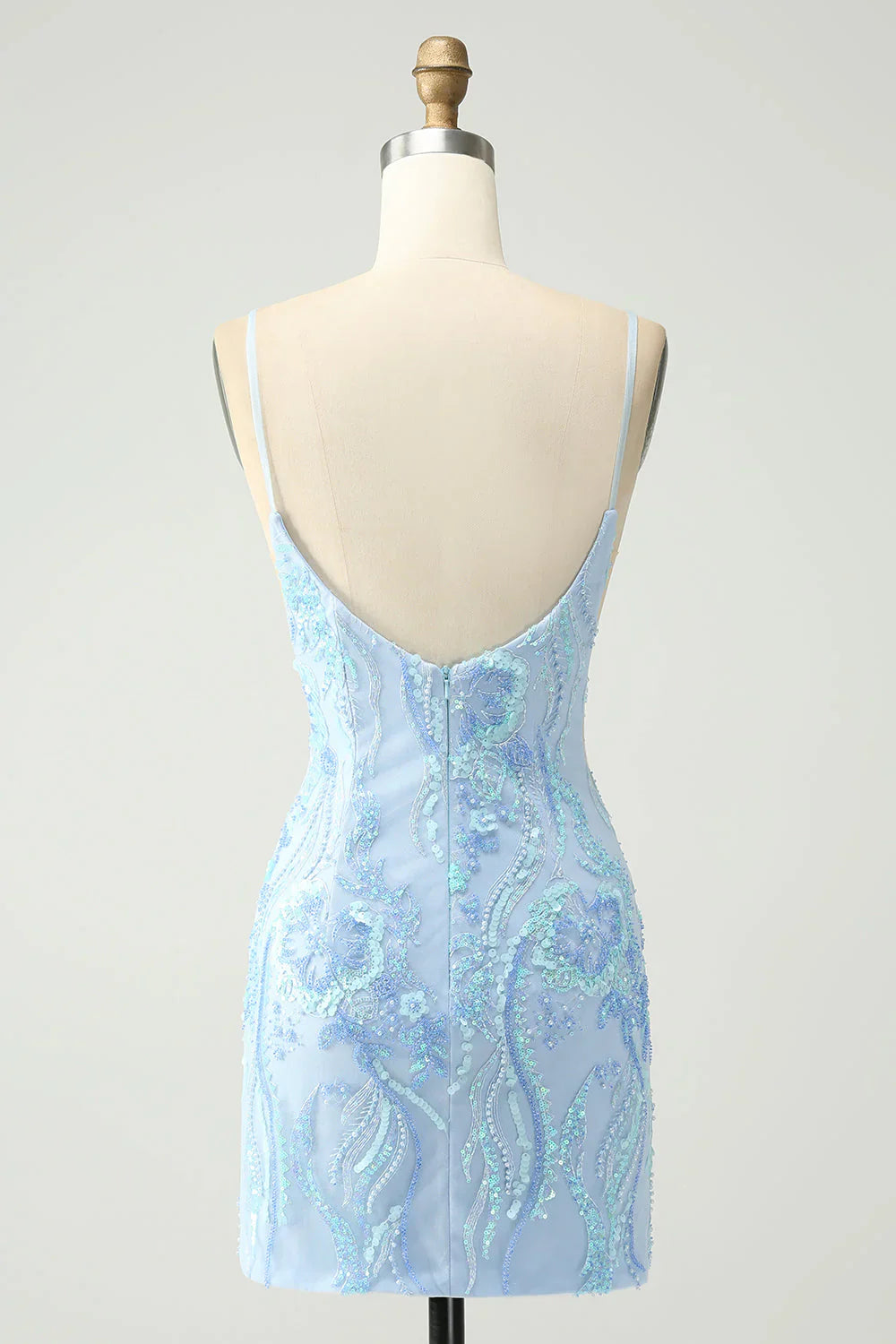 omberprom Homecoming Dress Light Blue Spaghetti Straps Short Tight with Sequins