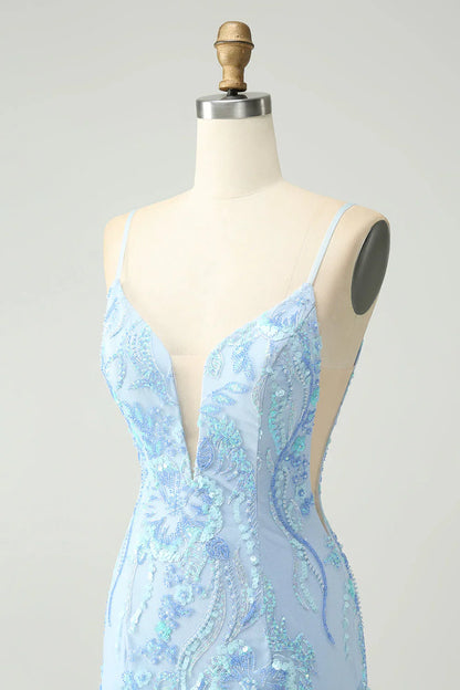 omberprom Homecoming Dress Light Blue Spaghetti Straps Short Tight with Sequins