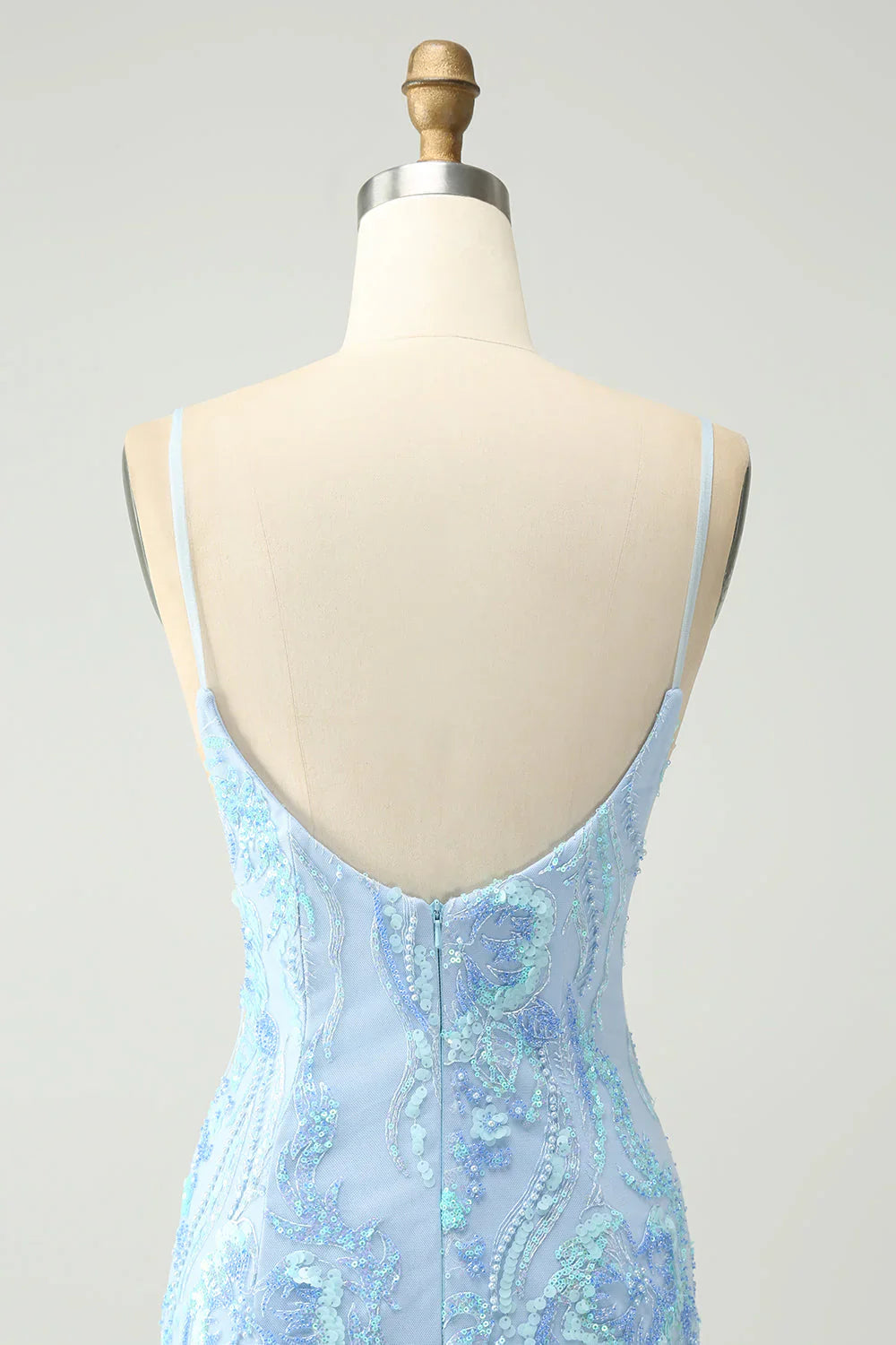 omberprom Homecoming Dress Light Blue Spaghetti Straps Short Tight with Sequins