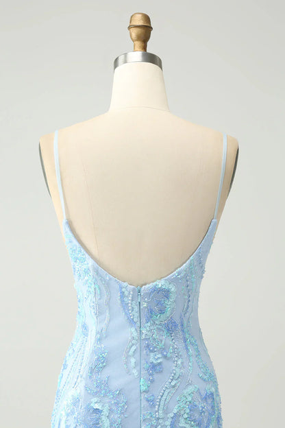 omberprom Homecoming Dress Light Blue Spaghetti Straps Short Tight with Sequins