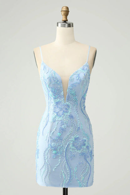 omberprom Homecoming Dress Light Blue Spaghetti Straps Short Tight with Sequins