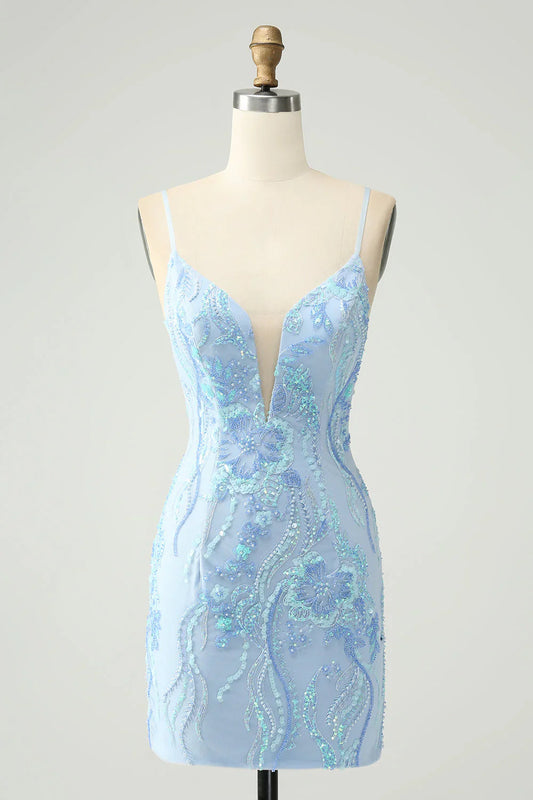 omberprom Homecoming Dress Light Blue Spaghetti Straps Short Tight with Sequins