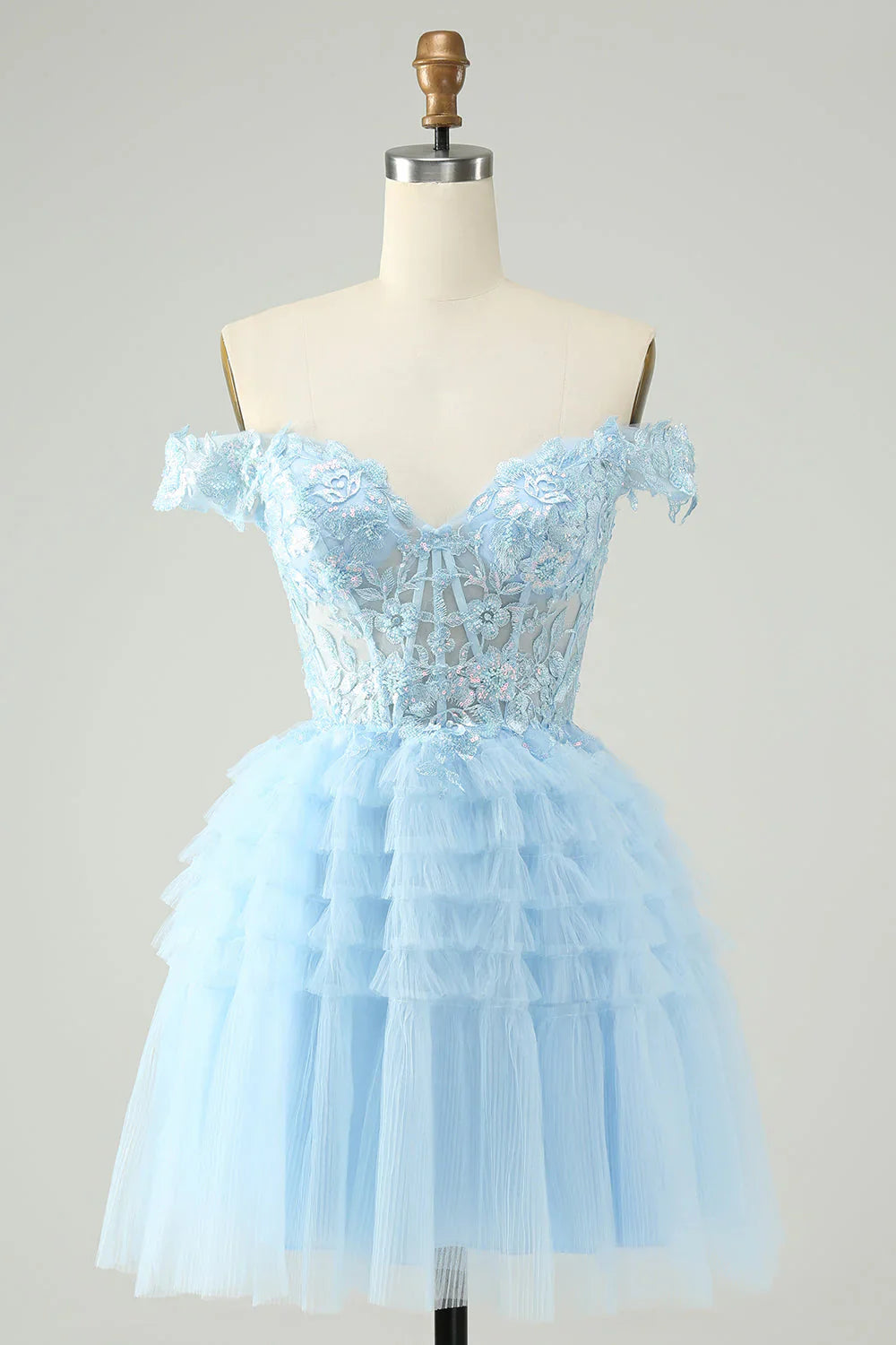 omberprom Homecoming Dress Light Blue A Line Off The Shoulder Corset with Sequins