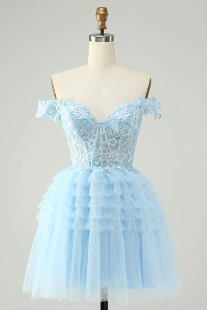 omberprom Homecoming Dress Light Blue A Line Off The Shoulder Corset with Sequins