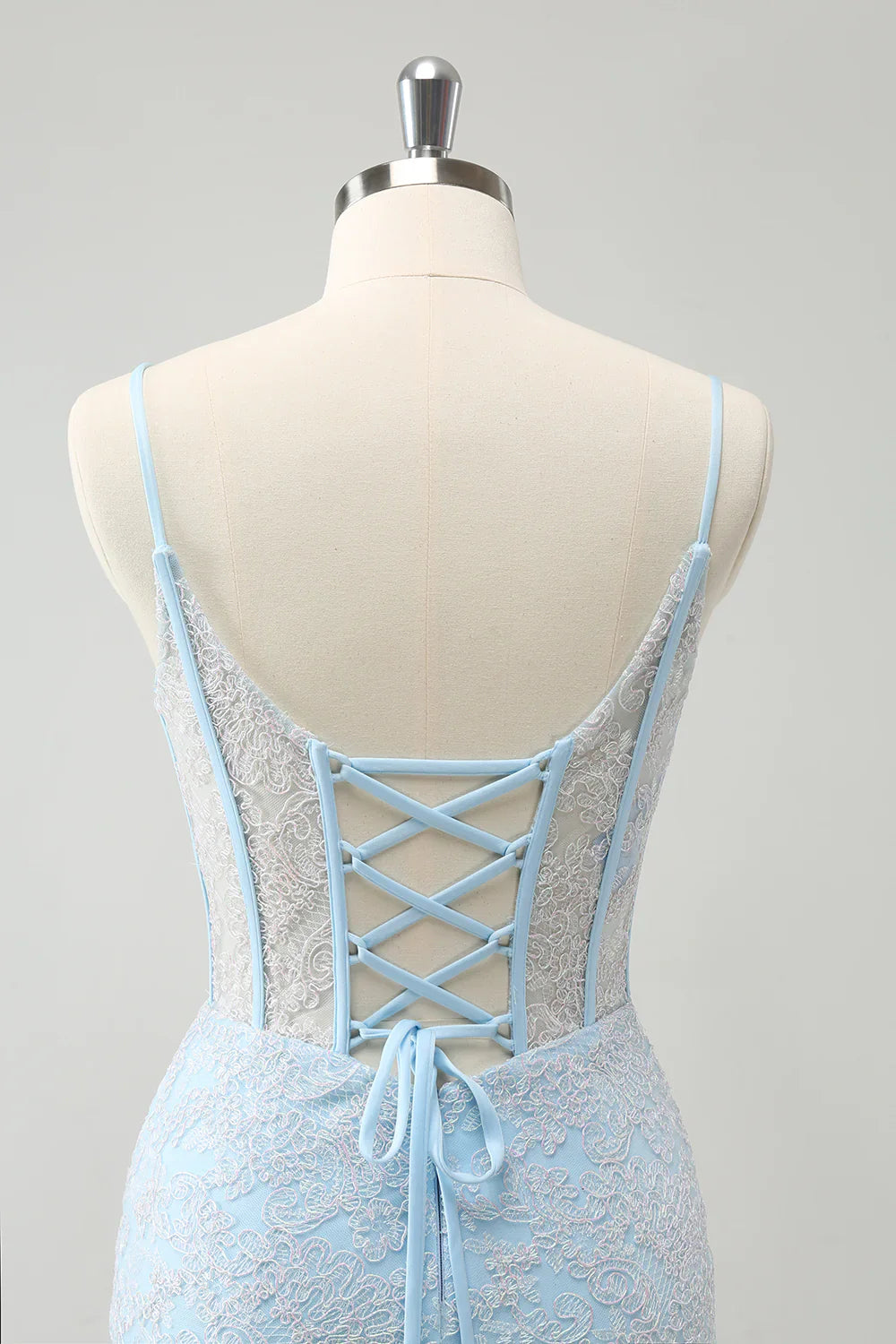 omberprom Short Homecoming Dresses Light Blue Corset Spaghetti Straps Tight with Lace Up Back