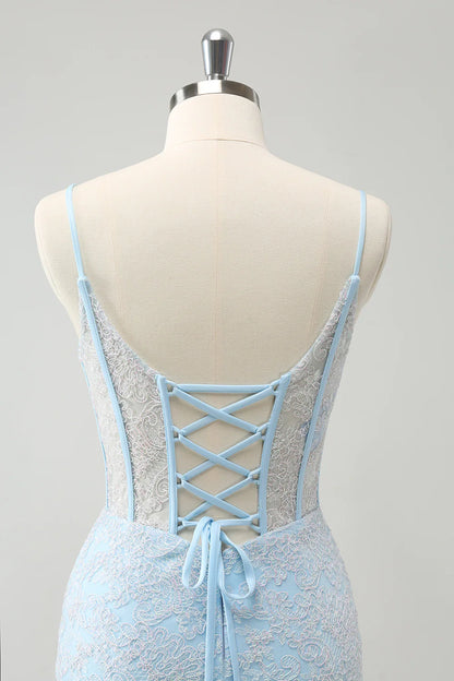 omberprom Short Homecoming Dresses Light Blue Corset Spaghetti Straps Tight with Lace Up Back