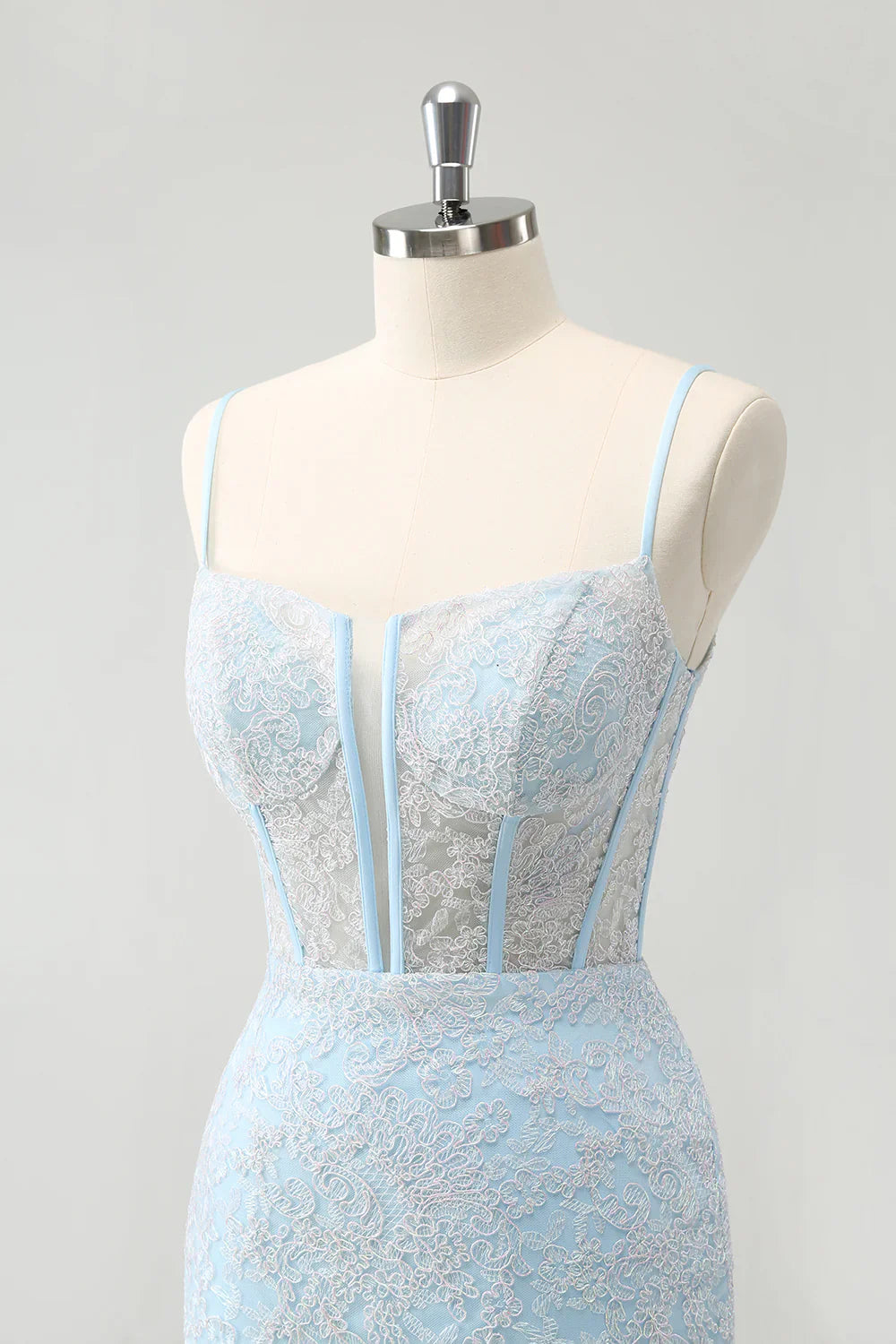 omberprom Short Homecoming Dresses Light Blue Corset Spaghetti Straps Tight with Lace Up Back