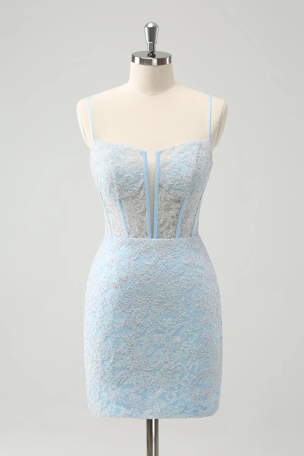 omberprom Short Homecoming Dresses Light Blue Corset Spaghetti Straps Tight with Lace Up Back