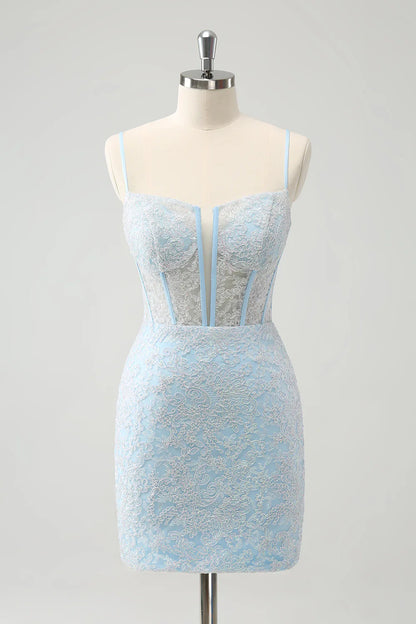 omberprom Short Homecoming Dresses Light Blue Corset Spaghetti Straps Tight with Lace Up Back