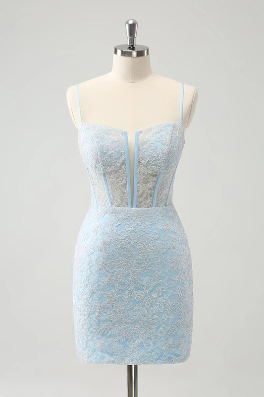 omberprom Short Homecoming Dresses Light Blue Corset Spaghetti Straps Tight with Lace Up Back