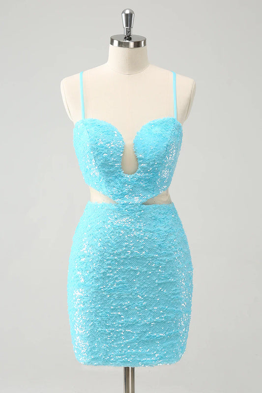 omberprom Homecoming Dress Sparkly Light Blue Spaghetti straps Sequins Tight