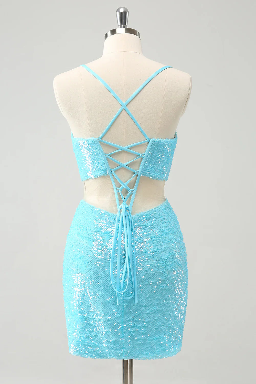 omberprom Homecoming Dress Sparkly Light Blue Spaghetti straps Sequins Tight