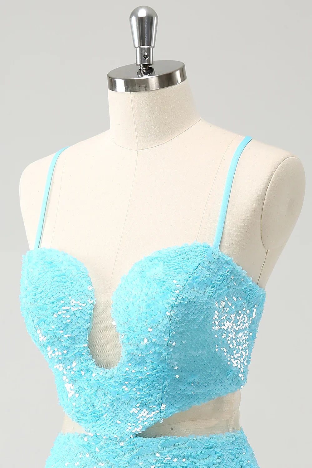 omberprom Homecoming Dress Sparkly Light Blue Spaghetti straps Sequins Tight