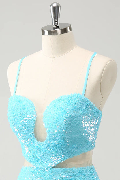 omberprom Homecoming Dress Sparkly Light Blue Spaghetti straps Sequins Tight