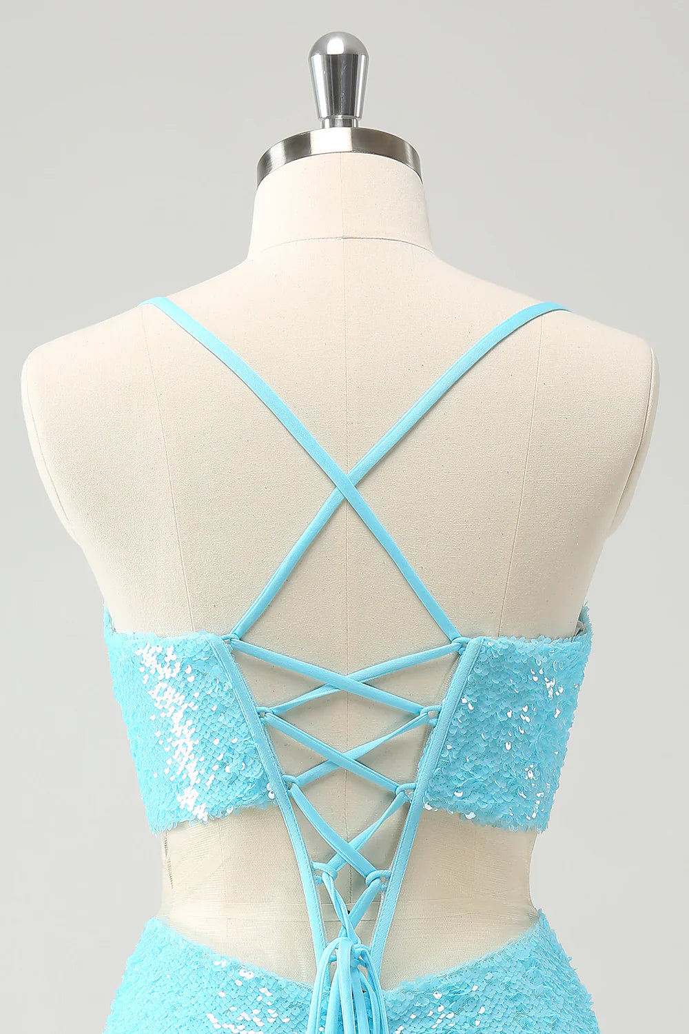 omberprom Homecoming Dress Sparkly Light Blue Spaghetti straps Sequins Tight