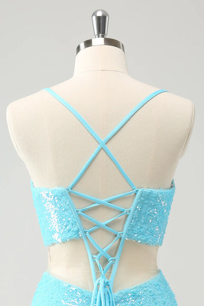 omberprom Homecoming Dress Sparkly Light Blue Spaghetti straps Sequins Tight