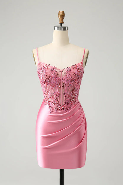 omberprom Elegant Homecoming Dress Pink Glitter Sequins Corset Graduation Dresses