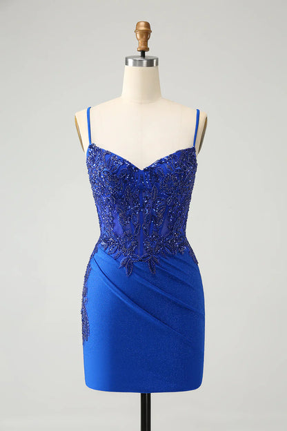 omberprom Homecoming Dress Royal Blue Glitter Beading Corset Graduation Dresses