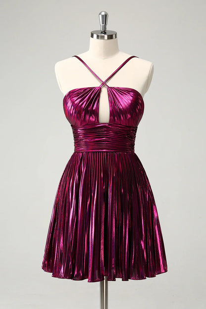 omberprom A Line Homecoming Dress Purple Pleated Hollow Out Short Metallic Graduation Dresses