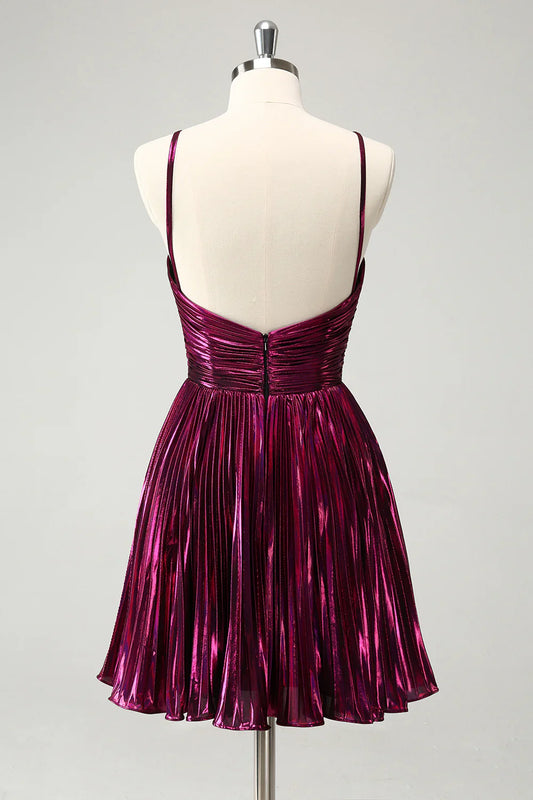 omberprom A Line Homecoming Dress Purple Pleated Hollow Out Short Metallic Graduation Dresses