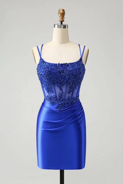 omberprom Fashion Homecoming Dress Sparkly Royal Blue Beading Corset Graduation Dresses