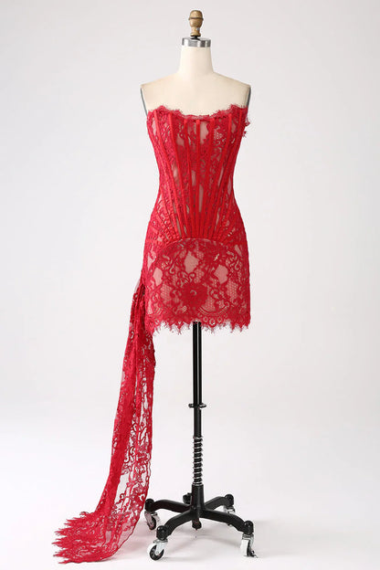 omberprom Classy Red Short Cocktail Dress Lace Strapless Corset with Lace-up Back Homecoming Dresses