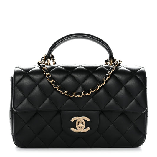 Lambskin Quilted Mini Top Handle Rectangular Flap Black