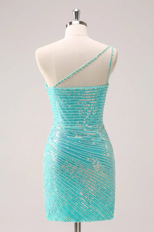 omberprom Sparkly Mint Homecoming Dress One Shoulder Tight Short Graduation Dresses with Sequins