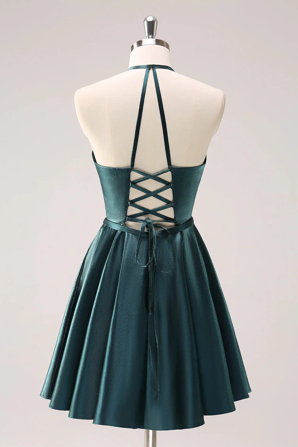 omberprom Homecoming Dress Peacock Blue A-Line Halter Short Graduation Dresses Metallic with Lace Up Back