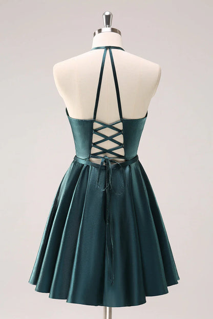 omberprom Homecoming Dress Peacock Blue A-Line Halter Short Graduation Dresses Metallic with Lace Up Back