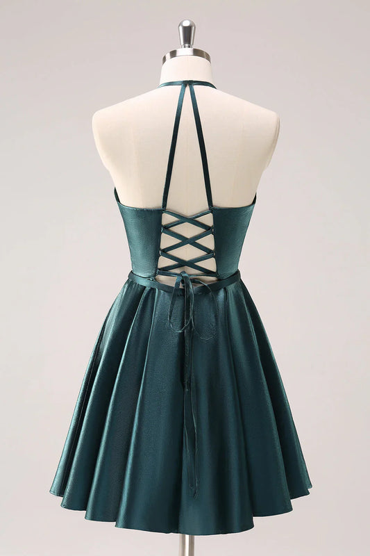 omberprom Homecoming Dress Peacock Blue A-Line Halter Short Graduation Dresses Metallic with Lace Up Back