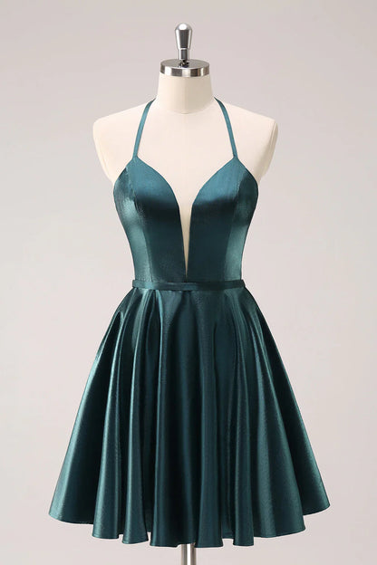 omberprom Homecoming Dress Peacock Blue A-Line Halter Short Graduation Dresses Metallic with Lace Up Back