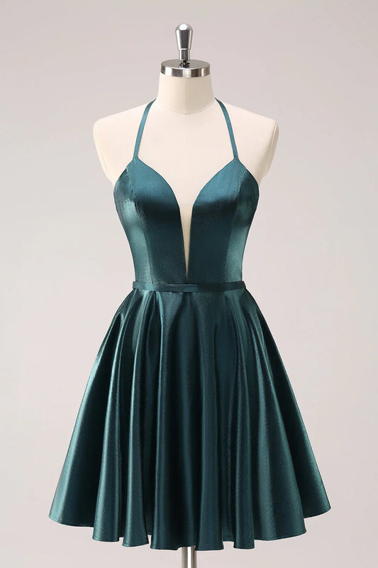 omberprom Homecoming Dress Peacock Blue A-Line Halter Short Graduation Dresses Metallic with Lace Up Back