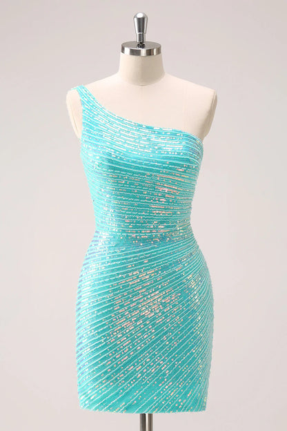 omberprom Sparkly Mint Homecoming Dress One Shoulder Tight Short Graduation Dresses with Sequins