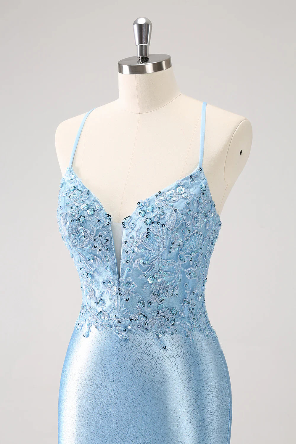 omberprom Short Homecoming Dress Blue Bodycon Lace Up Back Sequin with Appliques