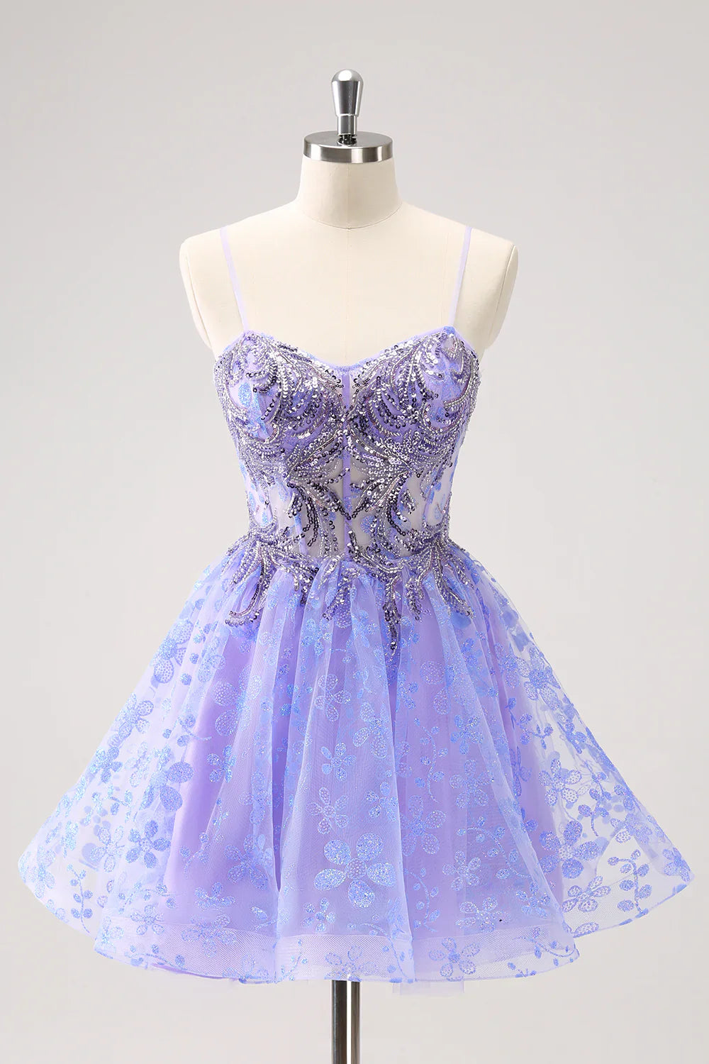omberprom Short Homecoming Dress Sparkly Lilac A Line Corset Floral with Sequins Graduation Dresses