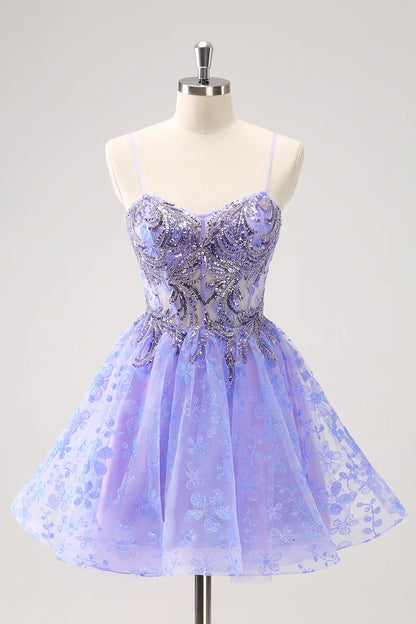 omberprom Short Homecoming Dress Sparkly Lilac A Line Corset Floral with Sequins Graduation Dresses