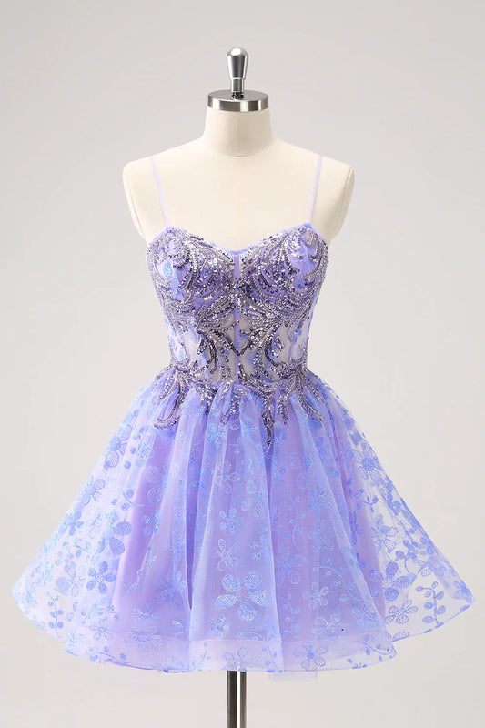 omberprom Short Homecoming Dress Sparkly Lilac A Line Corset Floral with Sequins Graduation Dresses