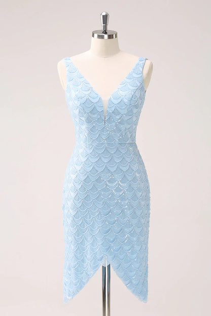 omberprom Homecoming Dress Sparkly Blue V-Neck Sequins Tight Fish Scale with Lace Up Back