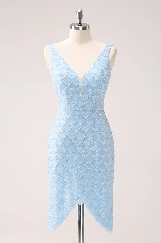 omberprom Homecoming Dress Sparkly Blue V-Neck Sequins Tight Fish Scale with Lace Up Back