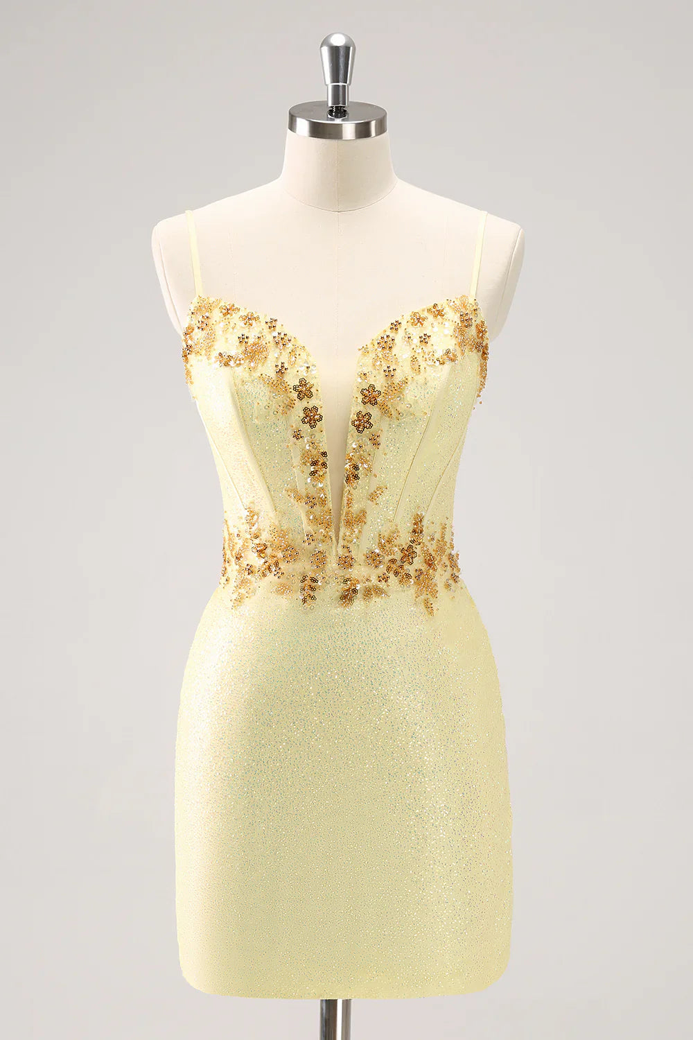 omberprom Short Homecoming Dress Sparkly Yellow Bodycon Corset with Beading