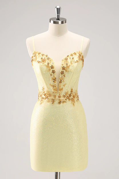 omberprom Short Homecoming Dress Sparkly Yellow Bodycon Corset with Beading