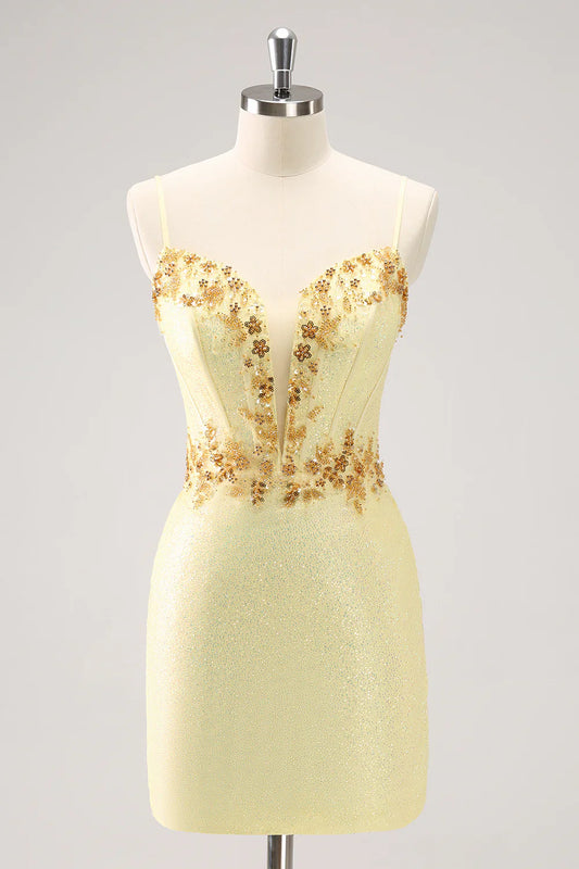 omberprom Short Homecoming Dress Sparkly Yellow Bodycon Corset with Beading